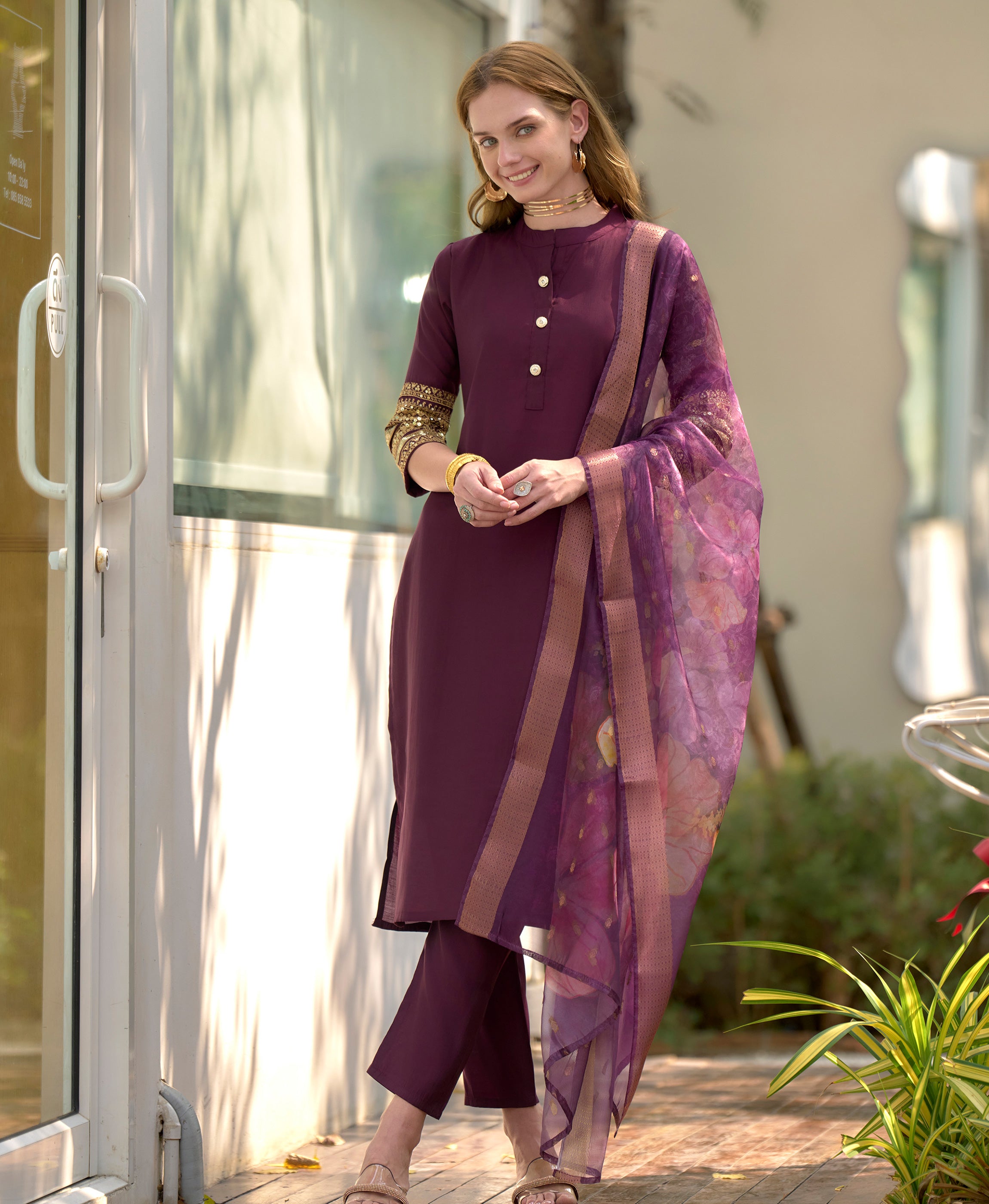 Wine Floral Tissue Kurti Set with 3/4 Sleeves and Viscose Pocket Pant with Dupatta